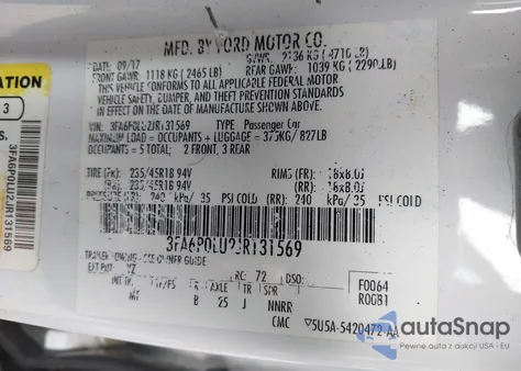 2018 Ford Fusion Hybrid Se z USA, uszkodzony, nr VIN 3FA6P0LU2JR131569
